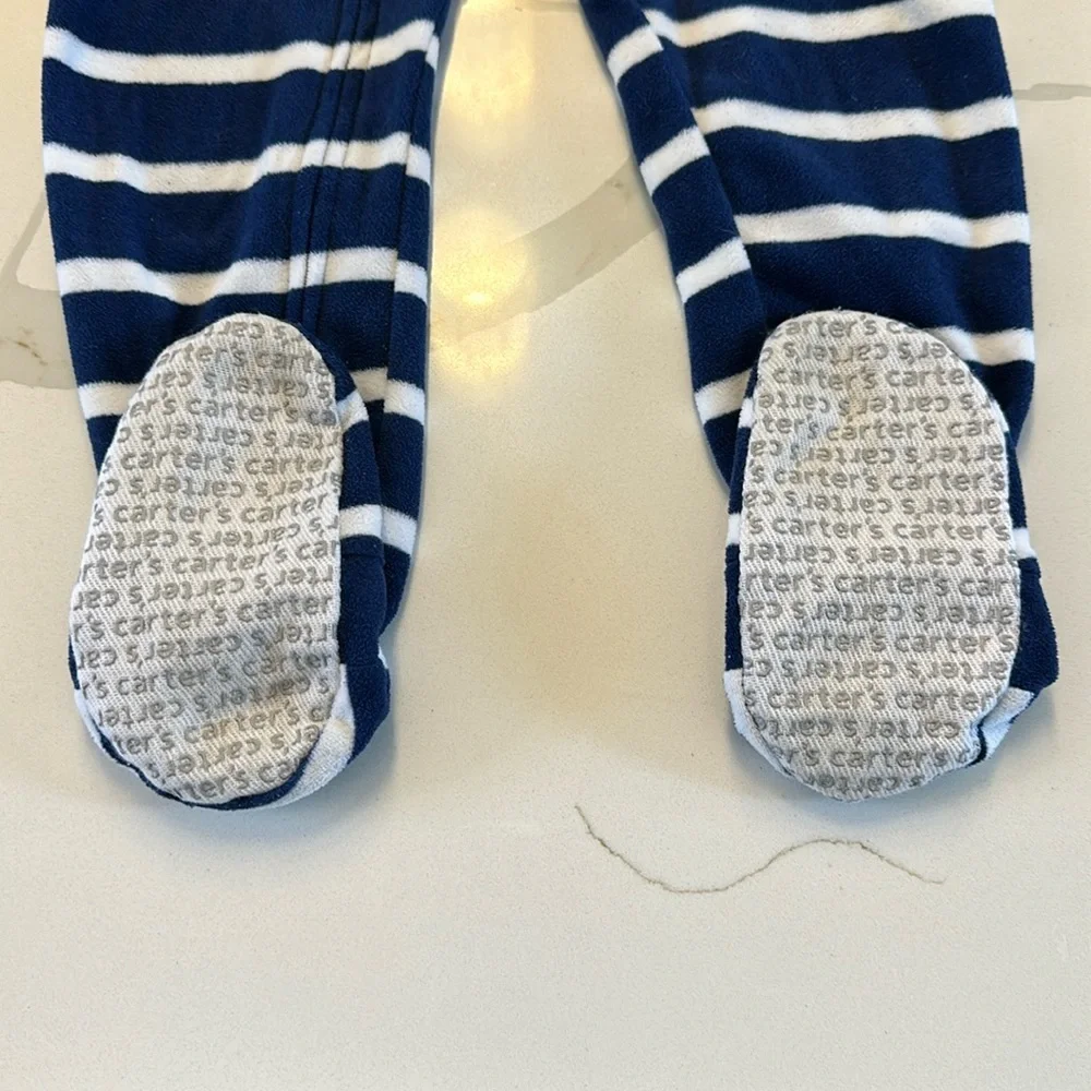 Carter’s footie pajamas navy blue white stripes football size 2T 💙🏈